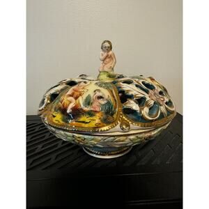 Vintage Italian Capodimonte Dish With Lid And Cupid
